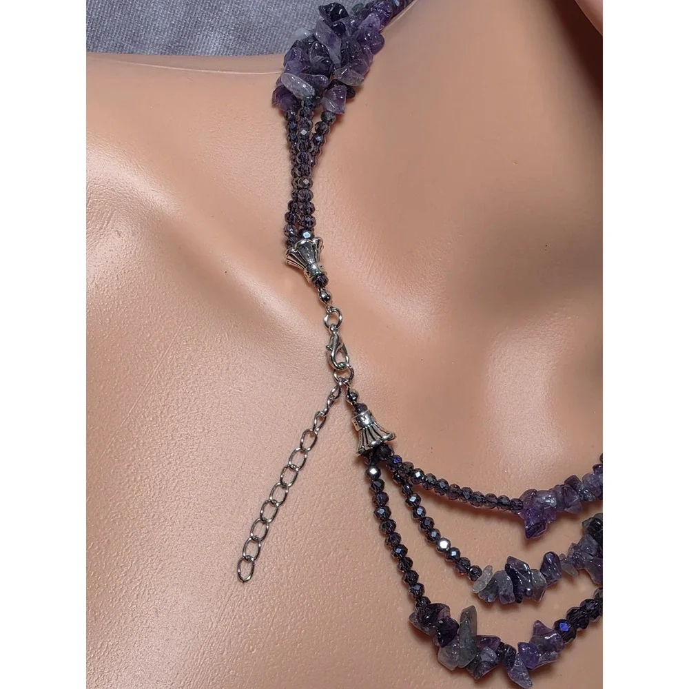 Multi Strand Purple Amethyst Chip Gemstone Necklace Statement Choker‎